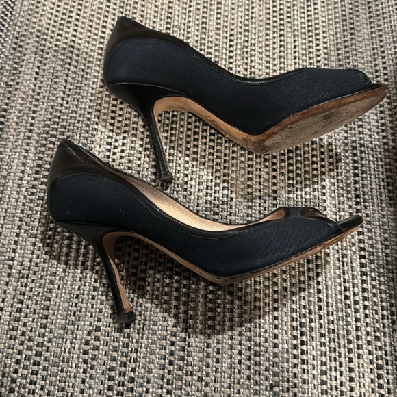 Jimmy Choo 🎉host pick🎉Bonnie navy blue canvas peep toe heels with leather trim - Picture 4 of 10
